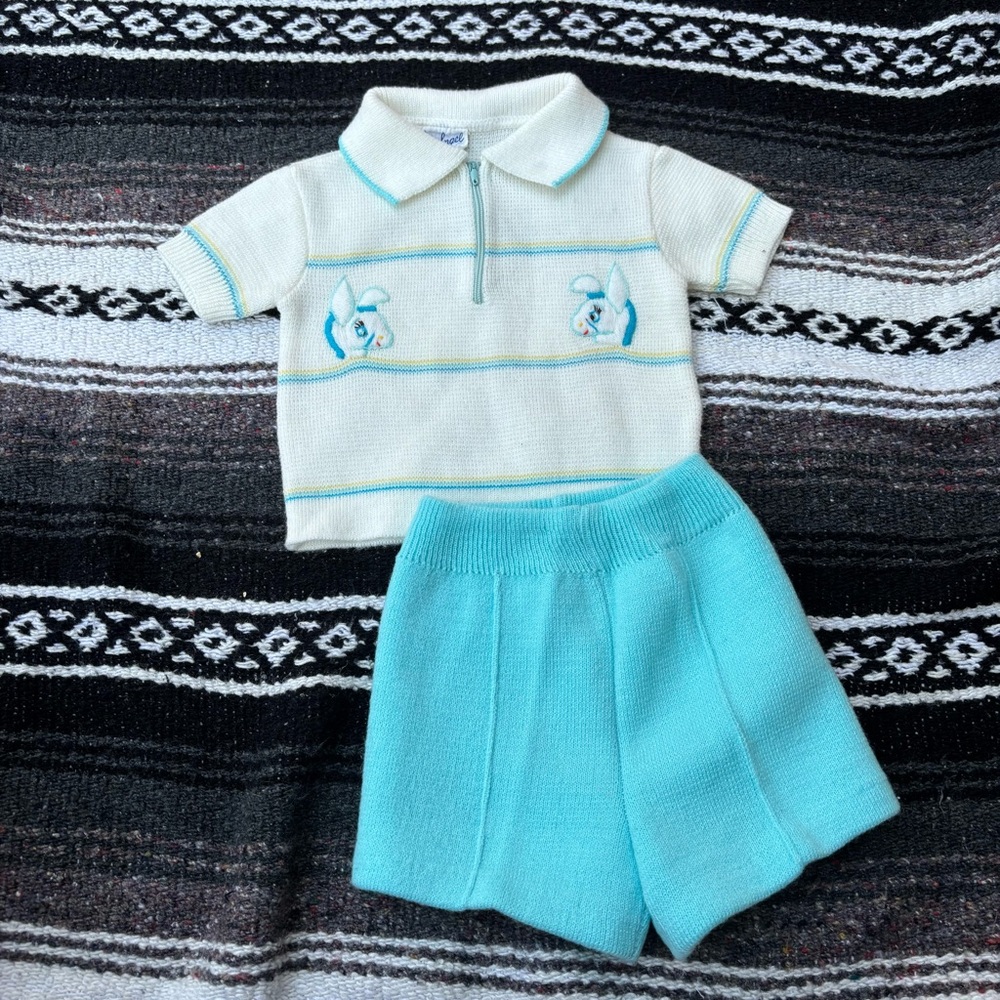 VTG MCM A LITTLE ANGEL ORIGINAL BLUE WHITE DONKEY TWO PIECE OUTFIT SIZE 12 MONTH